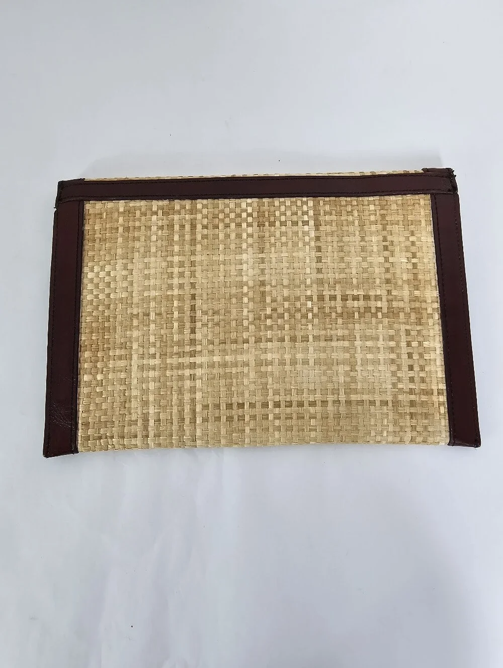 Etienne Aigner Woven Straw Clutch with Burgundy Leather Trim Vintage